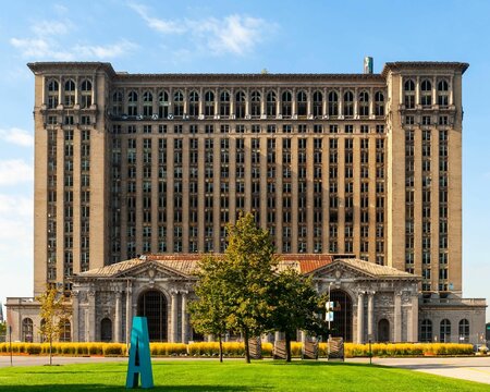 Beautiful architectural display of Michigan Central Station building, historic Detroit train depot