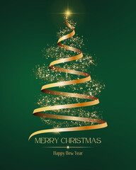 Golden Christmas Tree ribbon with confetti and sparkle light for events with green background. This suitable poster, background, card or social media post, etc. For celebrate shristmas
