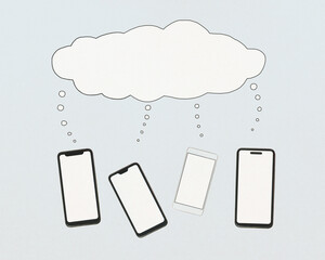 Group of smart phones and speech bubble, digital collage. Cloud storage, group chat, shared messaging concept