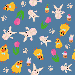 Seamless pattern spring tulips, chick and easter bunny. Easter ornament for children's textiles, packaging, background design in cartoon style.