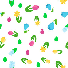 Seamless spring pattern yellow and pink tulips, daffodil and crocuses. Easter ornament for textiles, packaging, background design in cartoon style.