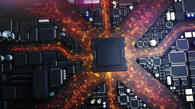 technology city stylization of the city in the concept of a printed circuit combining electronic components and a central processor . technology facilities in the form of red particles create traffic 