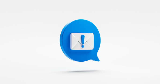 Blue message 3d icon notification concept isolated on white background with reminder chat sms speech bubble alert symbol or social media envelope attention sign and new contact receive email document.
