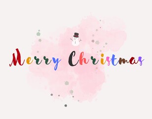 Merry christmas card. Colorful typography with little snow man