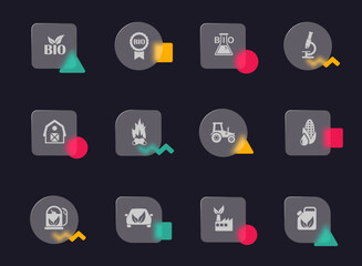 bio fuel glass morphism trendy style icons. bio fuel transparent glass vector icons with color memphis figures. for web and ui design, mobile apps and promo business advertising