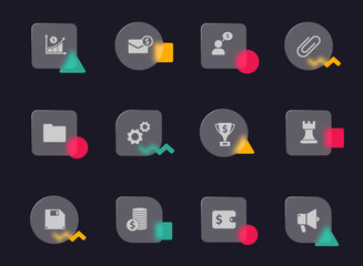 business glass morphism trendy style icons. business transparent glass vector icons with color memphis figures. for web and ui design, mobile apps and promo business advertising