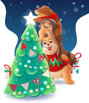 woodland animals decorate christmas tree, hedgehog rabbit and raccoon