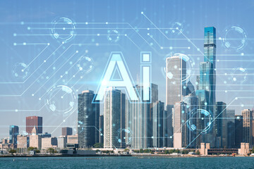 City view, downtown skyscrapers, Chicago skyline panorama, Lake Michigan, harbor area, daytime, Illinois, USA. Artificial Intelligence concept. AI, machine learning, neural network, robotics. Hologram