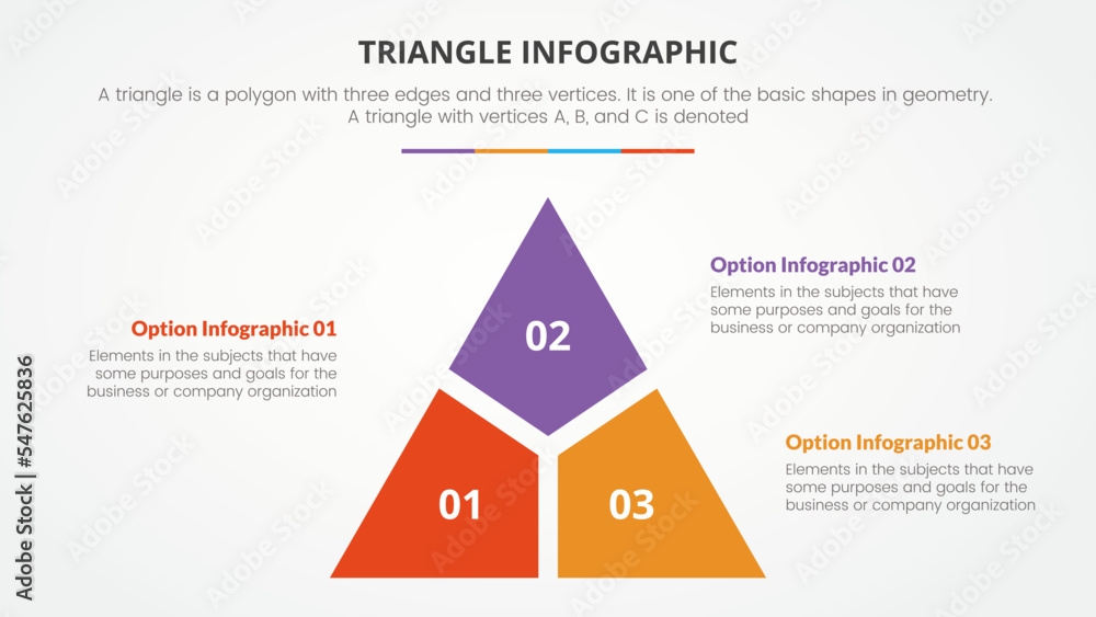 Poster infographic triangle concept for slide presentation with 3 point list