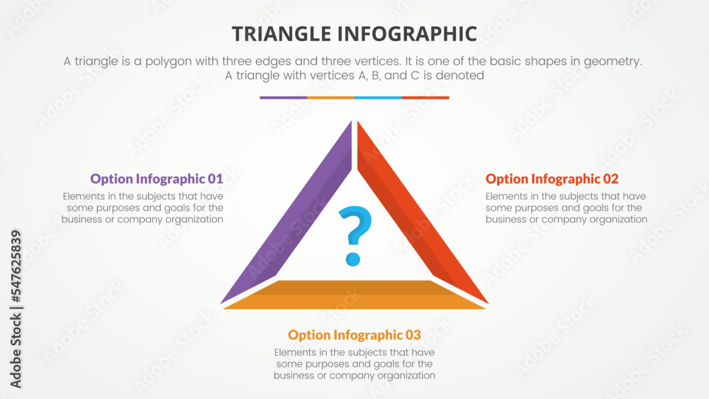Poster infographic triangle concept for slide presentation with 3 point list