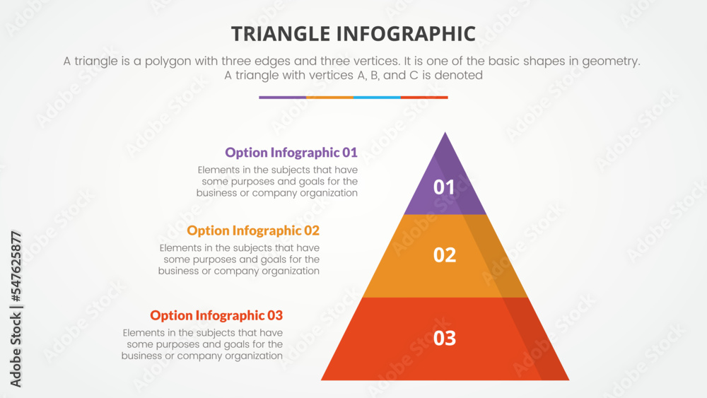 Poster infographic triangle concept for slide presentation with 3 point list with flat pyramid style