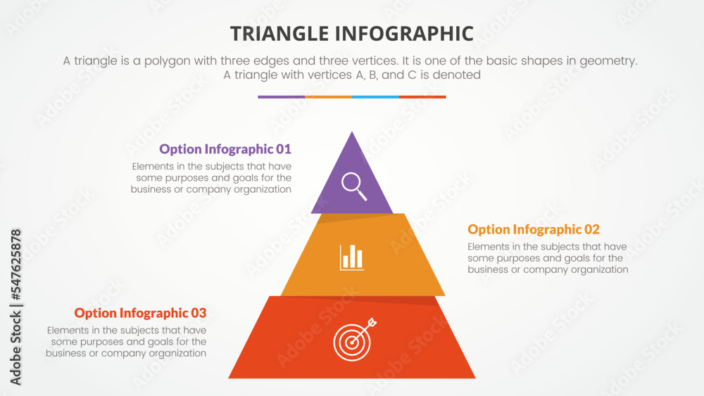 Poster infographic triangle concept for slide presentation with 3 point list with flat pyramid cut style