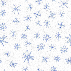 Hand Drawn Snowflakes Christmas Seamless Pattern. Subtle Flying Snow Flakes on chalk snowflakes Background. Alluring chalk handdrawn snow overlay. Fresh holiday season decoration.