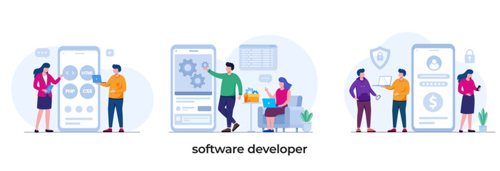 software developer presentation with client, programmer, technology, coding, code, flat vector illustration template