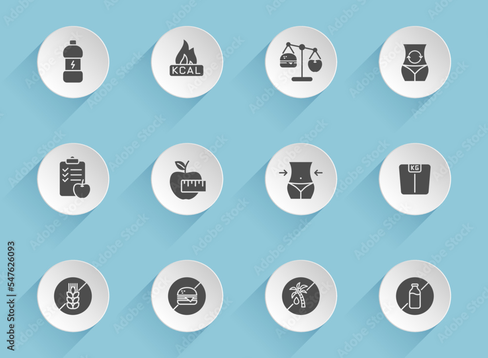 Poster nutrition vector icons on round puffy paper circles with transparent shadows on blue background. nut