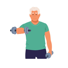 Fototapeta na wymiar Elderly man training with dumbbells . Mature person doing sport workout. Physical activity, exercising, staying healthy concept. Flat vector illustration isolated on white background