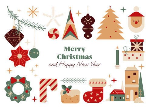 Merry Christmas modern background with festive ornaments, decorations and winter elements. Xmas tree, Santa Claus, gift, snowy city, candle, candies. Flat vector illustration