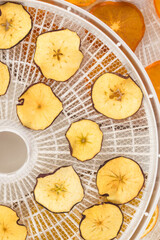 fruits lie in trays for drying, top view, close-up