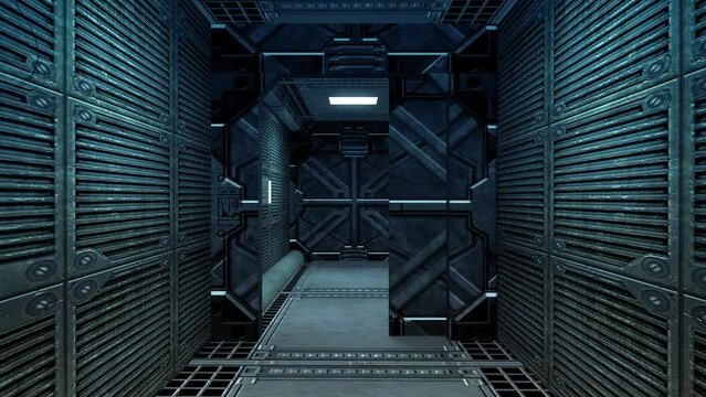 Metal tunnel in the dark hallway of the hangar