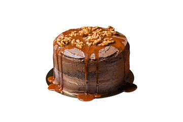 Chocolate caramel cake on an isolated white background