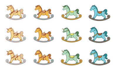 Cute and Adorable Set of Rocking Horse Colored Line Art Illustration Design