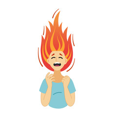 Irritated woman in rage, stress, exploding with anger. Hair flares up like a flame. Overworked concept. Personal disorder illustration in doodle style.