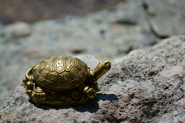 A metal turtle on the riverbank. An esoteric symbol.