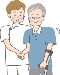 Obraz premium シニア男性を介助する若い介護士のイラスト