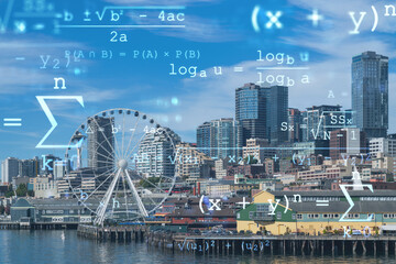 Seattle skyline with waterfront view. Skyscrapers of financial downtown at day time, Washington, USA. Technologies and education concept. Academic research, top ranking university, hologram - obrazy, fototapety, plakaty