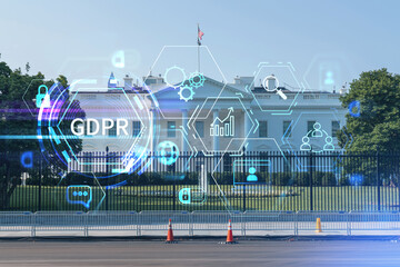 The White House on sunny day, Washington DC, USA. Executive branch. President administration GDPR hologram, concept of data protection regulation and privacy for all individuals