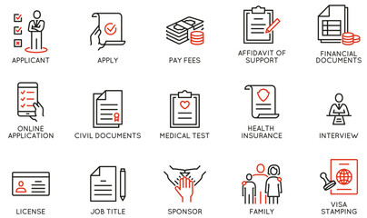 Vector set of linear icons related to emigration process and required documents. Mono line pictograms and infographics design elements
