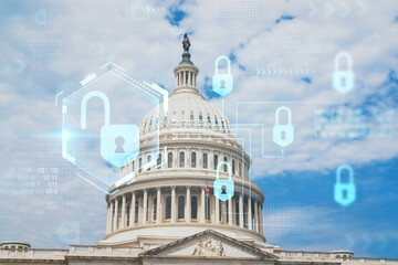 Fototapeta na wymiar Capitol dome building exterior, Washington DC, USA. Home of Congress and Capitol Hill. American political system. The concept of cyber security to protect confidential information, padlock hologram