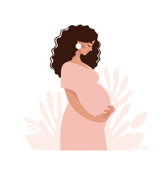 Beautiful pregnant woman, mom is waiting for the birth of a baby, a flat illustration on a background of leaves. Maternity and pregnancy cartoon design, modern vector illustration.