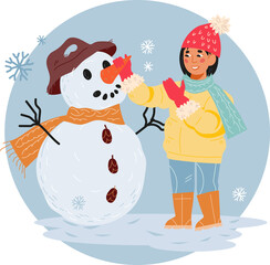 Winter sticker or banner in circle frame with child girl making a snowman, having fun at winter holidays and playing with snow.