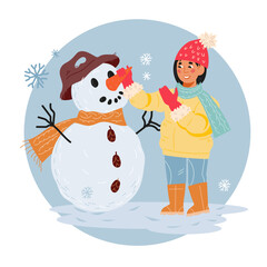 Winter sticker or banner in circle frame with child girl making a snowman, having fun at winter holidays and playing with snow, flat vector illustration isolated on white background.