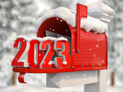 Happy New 2022 Year. Mailbox with letters and number 2022.
