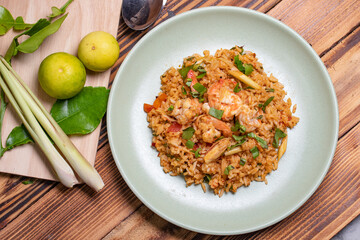 Fried rice with tom yum goong in a plate