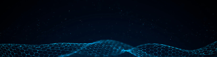 Abstract wave of connected hexagons. Futuristic polygonal background. Artificial intelligence. Big data technology. 3d rendering