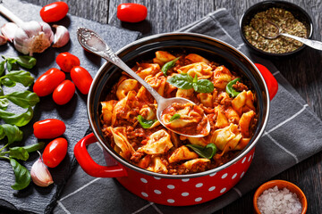 tortellini in ground beef tomato sauce, top view