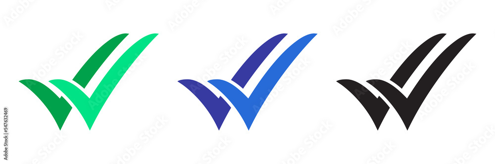 Aufkleber double checking icon. green, blue and black double tick, check mark. flat done sticker icon isolated