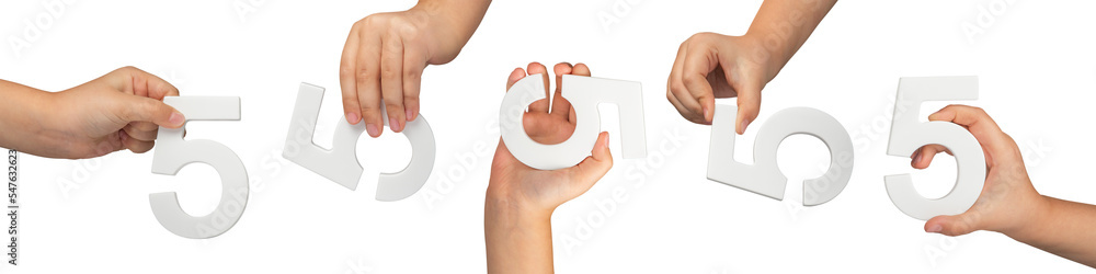 Aufkleber Number five in hand isolated on black background. Number five in the hand of a child holding on a black background png. Large set of hands with numbers to insert into a project or design