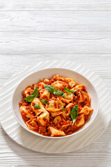 tortellini in ground beef tomato sauce, top view