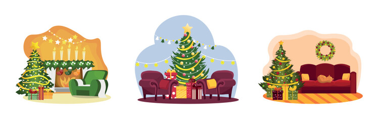 Set of interiors of living rooms decorated for Christmas on white background