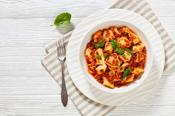 tortellini in ground beef tomato sauce, top view