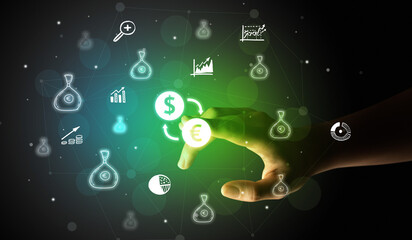 Businessman finger touching on screen multimedia interface with hand drawn currency icons