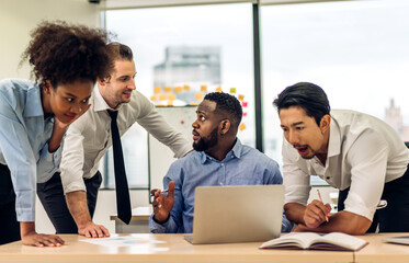 Group of business meeting and discussing strategy with startup project analysis finance process.Success business people plan and brainstorm marketing idea with document in office.Teamwork