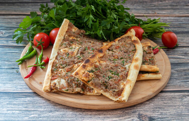 Traditional delicious Turkish food, pide with minced meat (Turkish name; kiymali pide)
