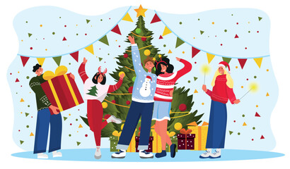 Group of people celebrating Christmas at party