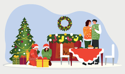 Happy family celebrating Christmas in living room