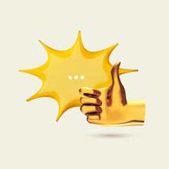 3D bright speech bubble and golde hand making ok gesture